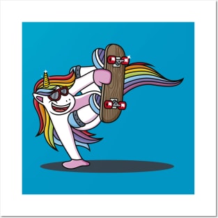 Rainbow Unicorn with red sunglasses doing skateboarding Posters and Art